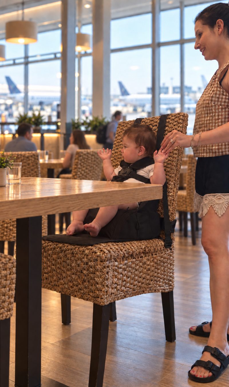 Baby seated in the Peekaseat booster on a restaurant chair